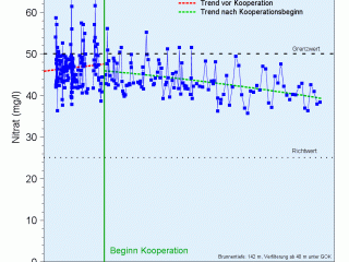 Die Grafik zeigt die Nitratkonzentration (mg/l) im Förderwasser des Tiefbrun-nen III Wittges.